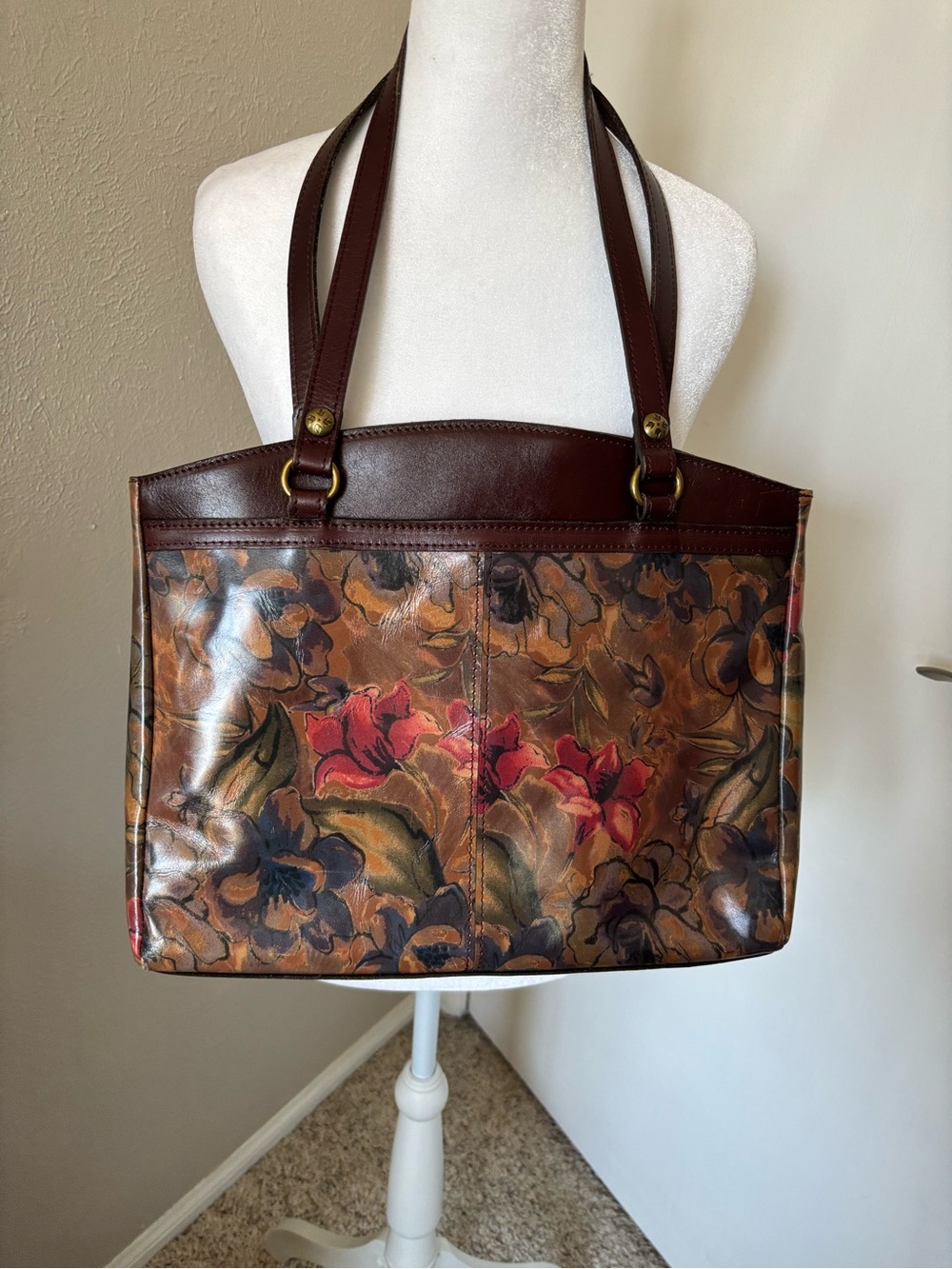 Patricia Nash Poppy Sienna Sunset Tote Brown Red Blue Floral